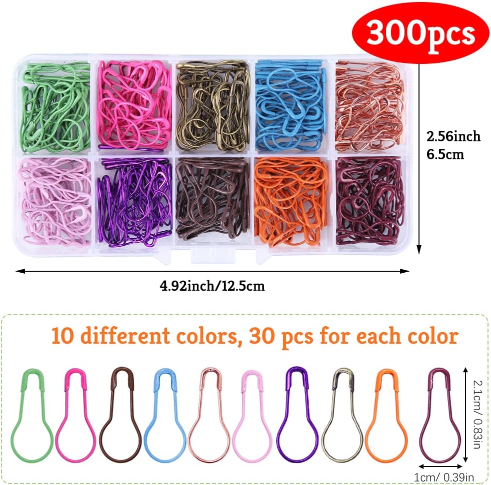 Mayboos 300 Pieces Safety Bulb Pins,10 Colors Calabash Crochet Stitch Markers, Metal Safety Pins for Knitting and DIY Project with Storage Box