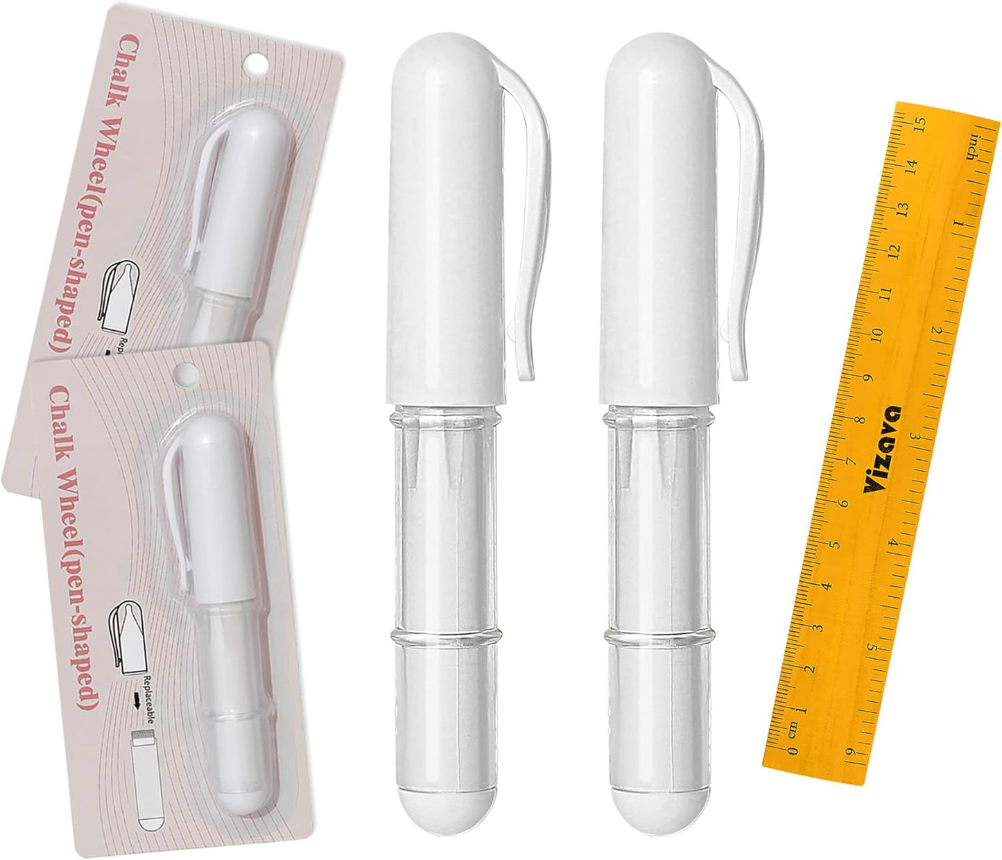 Fabric Chalk Markers for Sewing,Quilting,Crafting|Erasable Tailor Chalk|Work on Various Fabrics|Dosing Wheel Drawing Patterns Precise Line(2pk White professional tailors chalks pencil&1Ruler)
