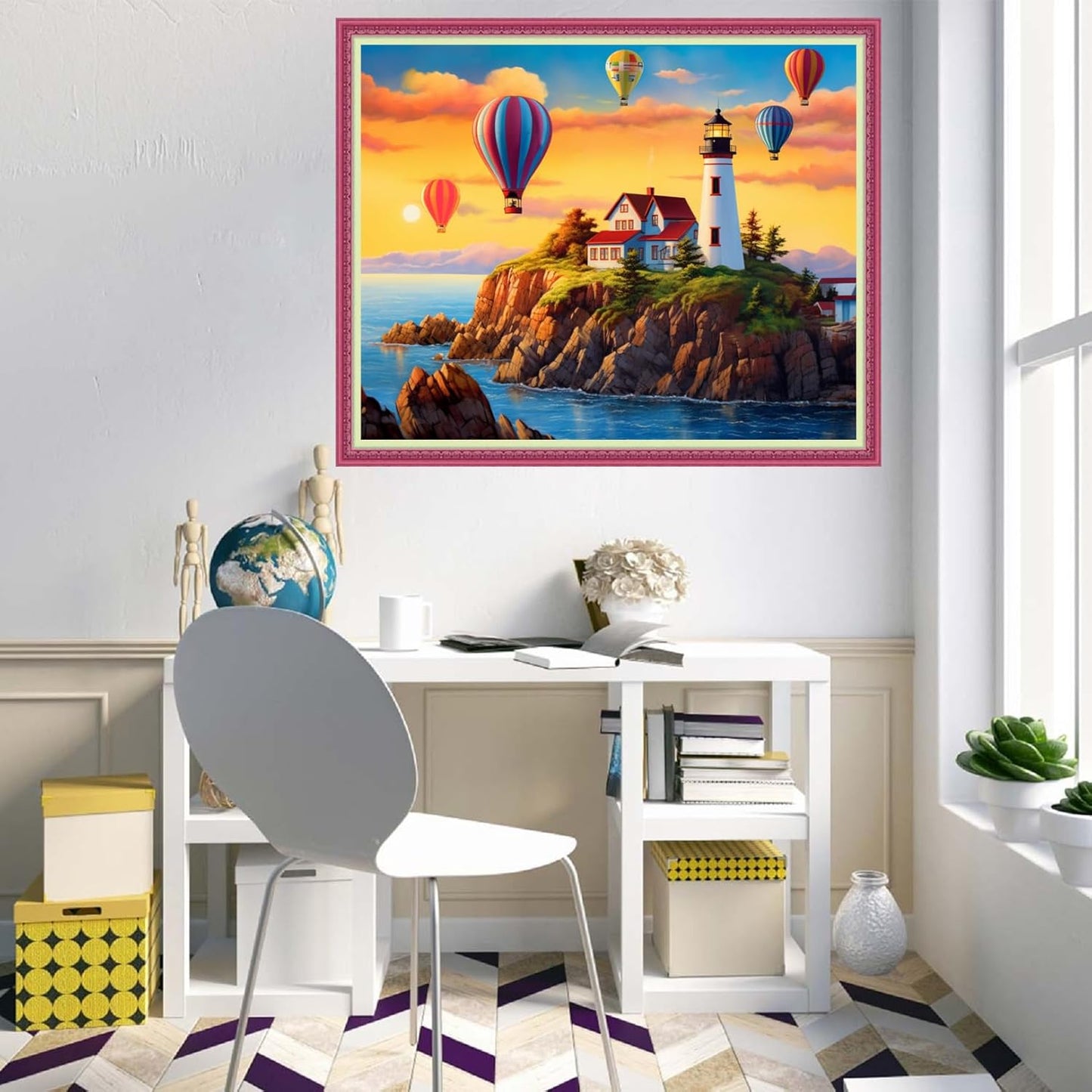 Disnesart Cross Stitch Stamped Full Embroidery Kits DIY 11CT Cotton Thread Printed DIY Needlepoint Kits Craft Needlework Set Cross-Stitch Stamped Sets-Seaside Lighthouse hot air Balloon 16x20 inch