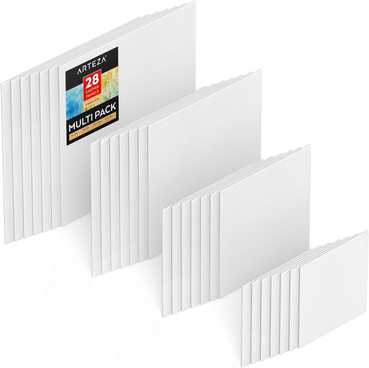 ARTEZA Canvases for Painting, Multipack of 28, 6 x 6, 8 x 8, 10 x 10, 12 x 12 Inches, Square Canvas Panels, 100% Cotton, 12.3 oz Gesso-Primed, Art Supplies for Acrylic Pouring and Oil Painting