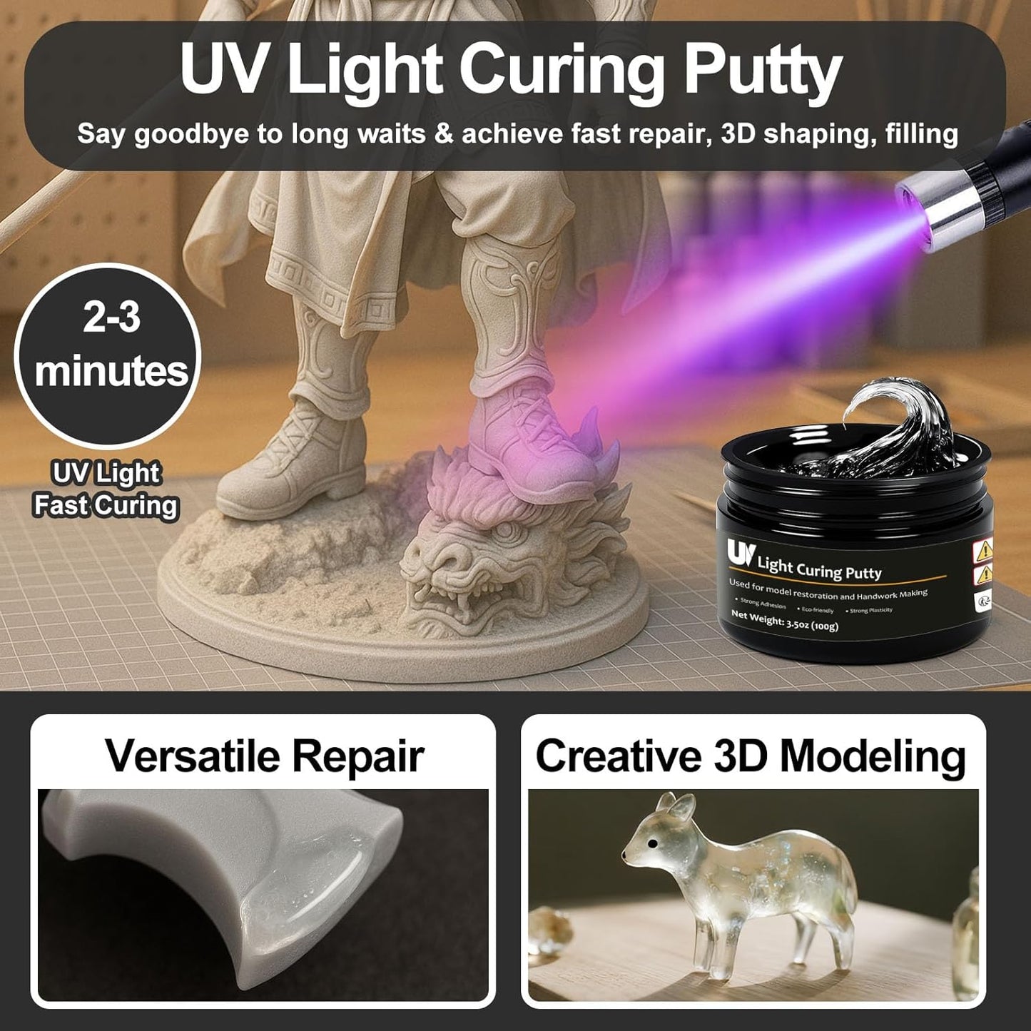 100g UV Light Curing Putty, Solid Resin, Multi Purpose Adhesive High Hardness Quick Curing, for 3D Crafts, Repair, Modeling UV Clay & Nail Art