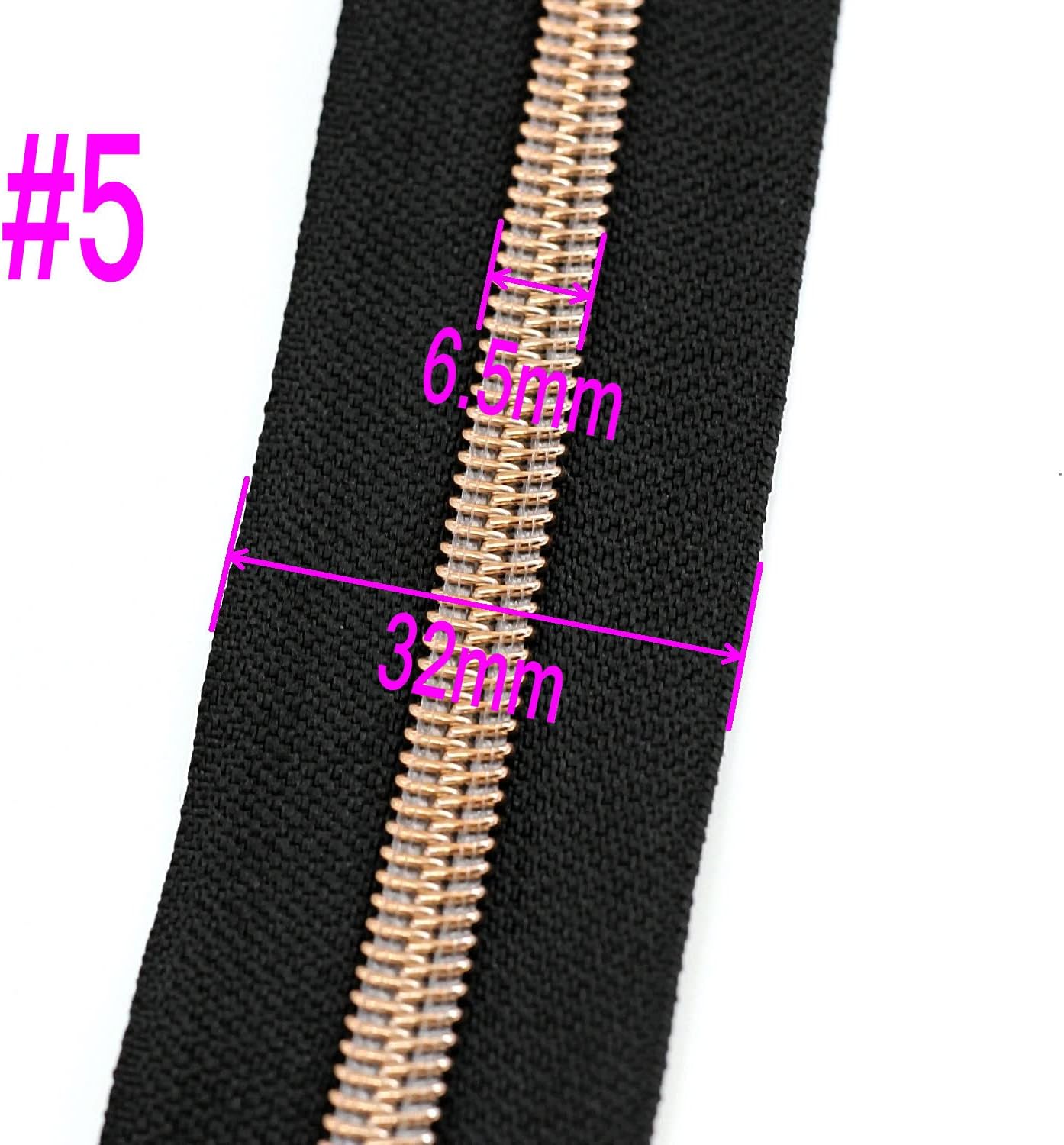 Leekayer #5 Rose Gold Metallic Nylon Coil Zippers by The Yard Bulk 10 Yards Black Tape with 25pcs Rose Gold Sliders for DIY Sewing Tailor Craft Bag(Black)