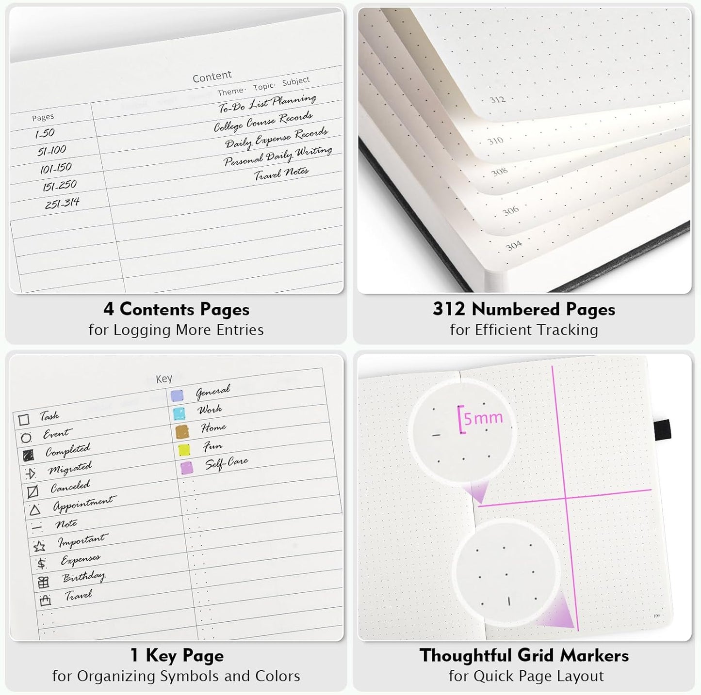 5 Pack Bullet Dotted Journal Notebook, 312 Numbered Pages Dot Grid Notebooks Bulk, 100gsm No Bleed Paper Hardcover Leather Journal, Dot Journal Notebook Set for Women Men School Office, A5, Multicolor