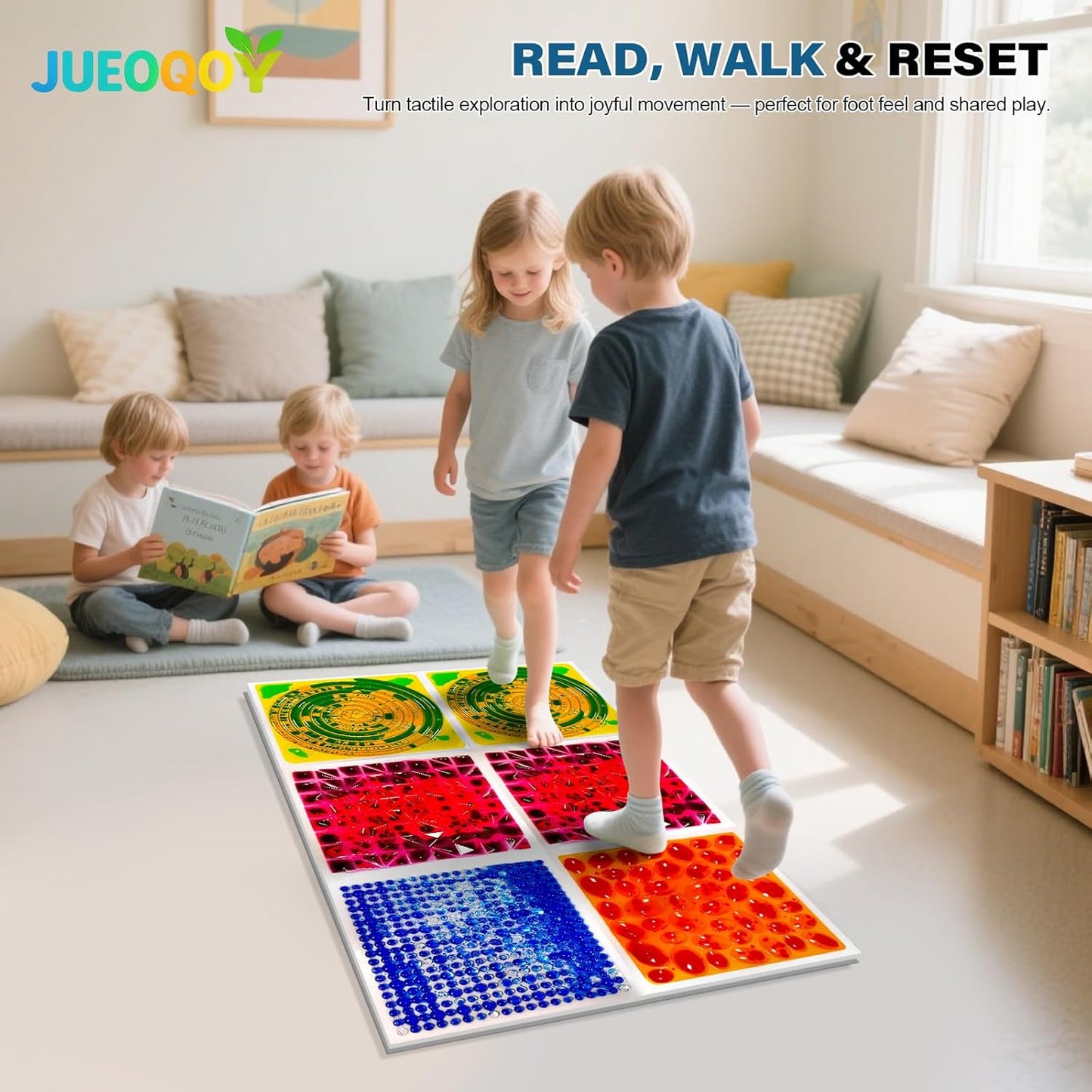 Liquid Sensory Floor Tiles for Kids Ages 3+, 12" Textured Step-On Tiles with Non-Slip Base, Interactive Color-Flow, Assorted Colors, Sensory Path Starter Set (4-Pack)