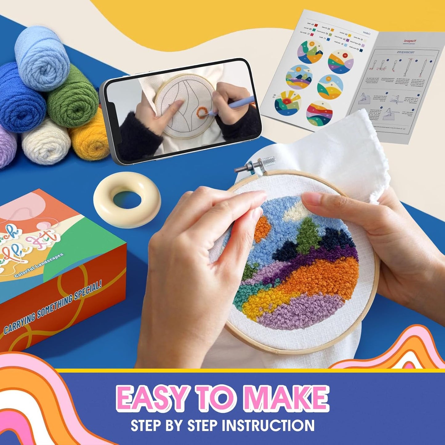 yuegool 6PCS Landscapes Punch Needle Coasters Kit,Easy DIY Punch Needle Embroidery Kit for Beginners Adults Kids Including Patterns, Tools, Yarns, Hoop, Instruction, Coaster Holder Art Craft Supplies