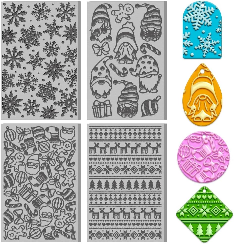 4PCS Christmas Polymer Clay Texture Sheets Set for Using with Clay Cutters, Snowflake Clay Texture Mats, Jewelry Making DIY Christmas Craft Tools