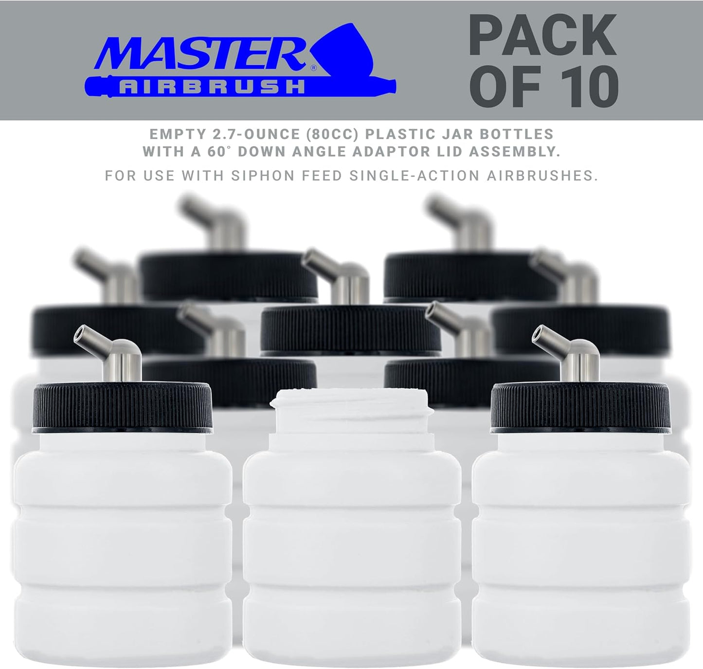 Master Airbrush (Pack of 10) TB-005 Empty 2.7-Ounce (80cc) Plastic Jar Bottles with 60° Down Angle Adaptor Lid Assembly - Fits Single-Action Siphon Feed Airbrushes, Use on Master Badger Paasche Iwata