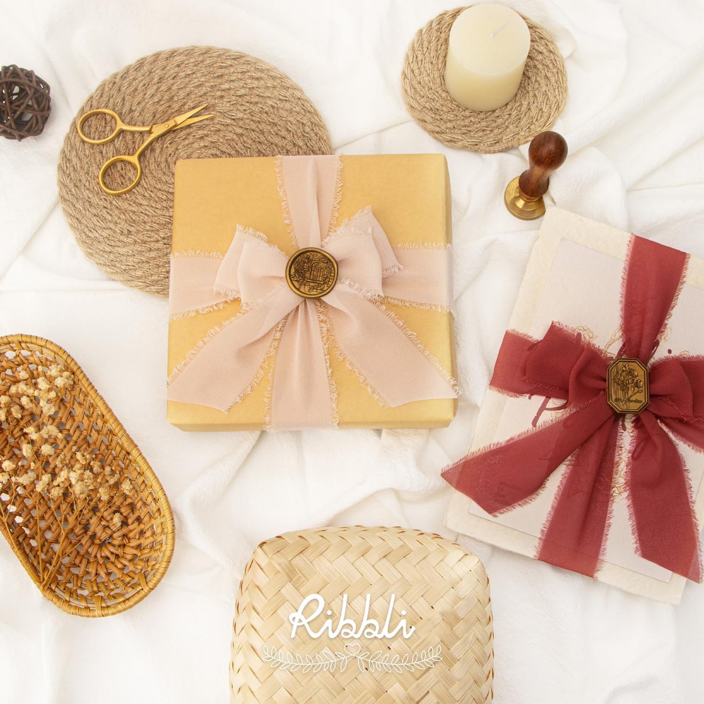 Ribbli Chiffon Silk Ribbon, 1.5 inch x 30 Yard, Champagne/Terracotta/Rust Red Fringe Chiffon Fall Ribbon for Wedding Invitations, Bridal Bouquets Wrapping, Flower Arrangement Decoration