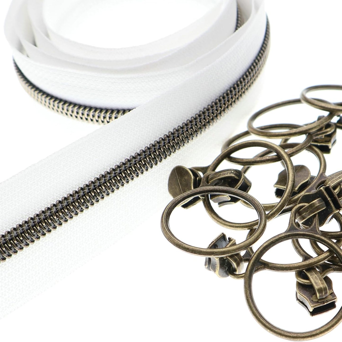 Leekayer #5 Antique Brass Metallic Nylon Coil Zippers by The Yard Bulk 10 Yards White Zipper Tape with 25pcs Antique Brass Ring Pull Sliders for DIY Sewing Tailor Craft Bag(White)