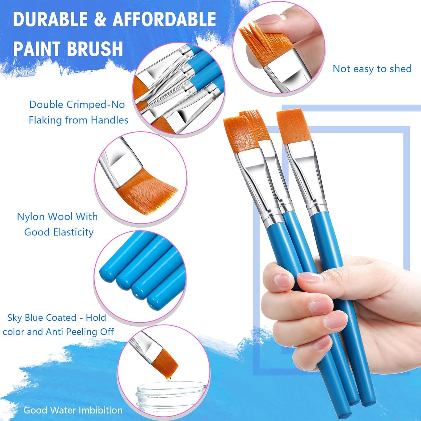 Zonon 10 Pcs 3/4 Inch Flat Paint Brushes Acrylic Painting Craft Accessories Small Watercolor Paint Brushes Bulk for Adult Artist Detail Oil Canvas Face(8.1 x 0.9 x 3/4 Inch,Sky Blue)