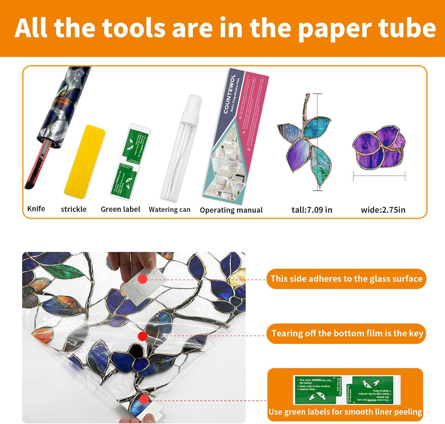 Window Privacy Film Stain Glass Window Film Rainbow Window Film Window clings Non-Adhesive Reusable Decorative for Room (Stained Leaf, 23.6 x 78.7 in)