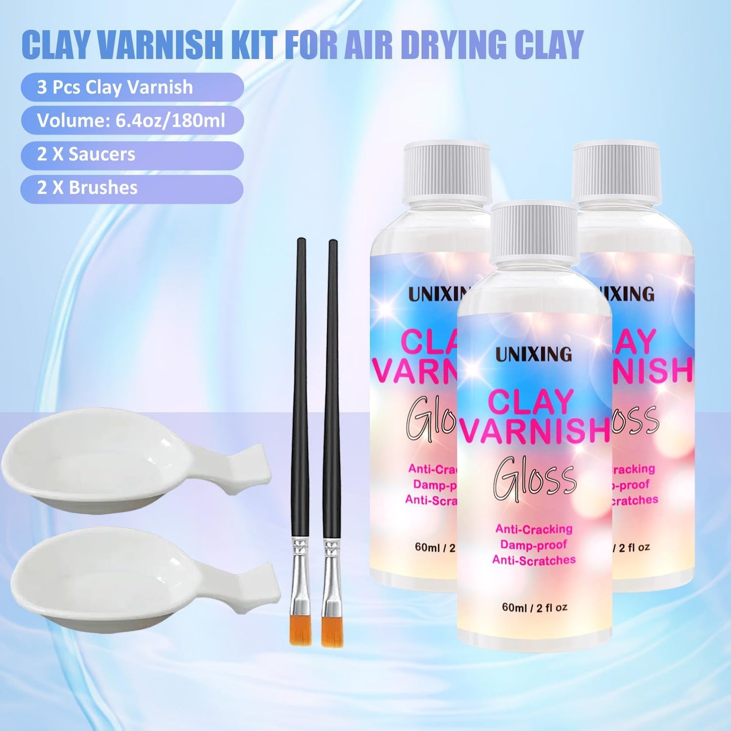 3 Packs Air Dry Clay Varnish, 180ml Air Dry Clay Glaze, Polymer Clay Glaze, High Gloss Clay Sculpture Sealant for Air Dry Clay Pottery Waterproof Scratch Resistant Varnish for Clay (60ML X 3Pack)