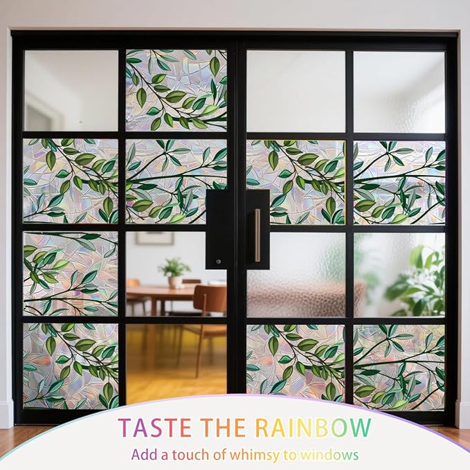 Leaf Stained Glass Window Film Static Cling with Tools - 45.2 x 78.7 Inch Non-Adhesive Privacy Decorative Rainbow Film for Windows, Doors, Sidelights - Easy Install & Remove