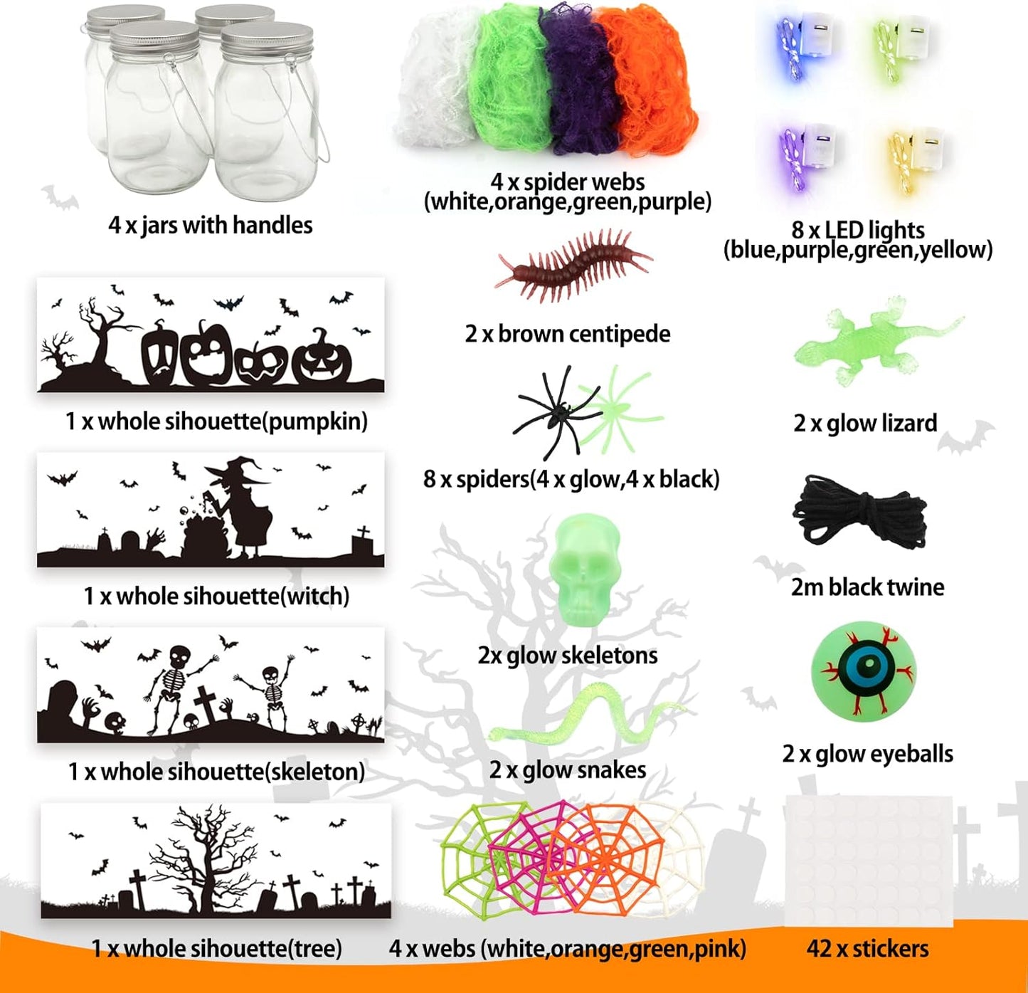 Shemira Halloween Craft Kit for Kids, 4 pcs Glass Mason Jar with Accessories for DIY Lantern Jar, Halloween Art & Craft Party Supplies, Art Activities