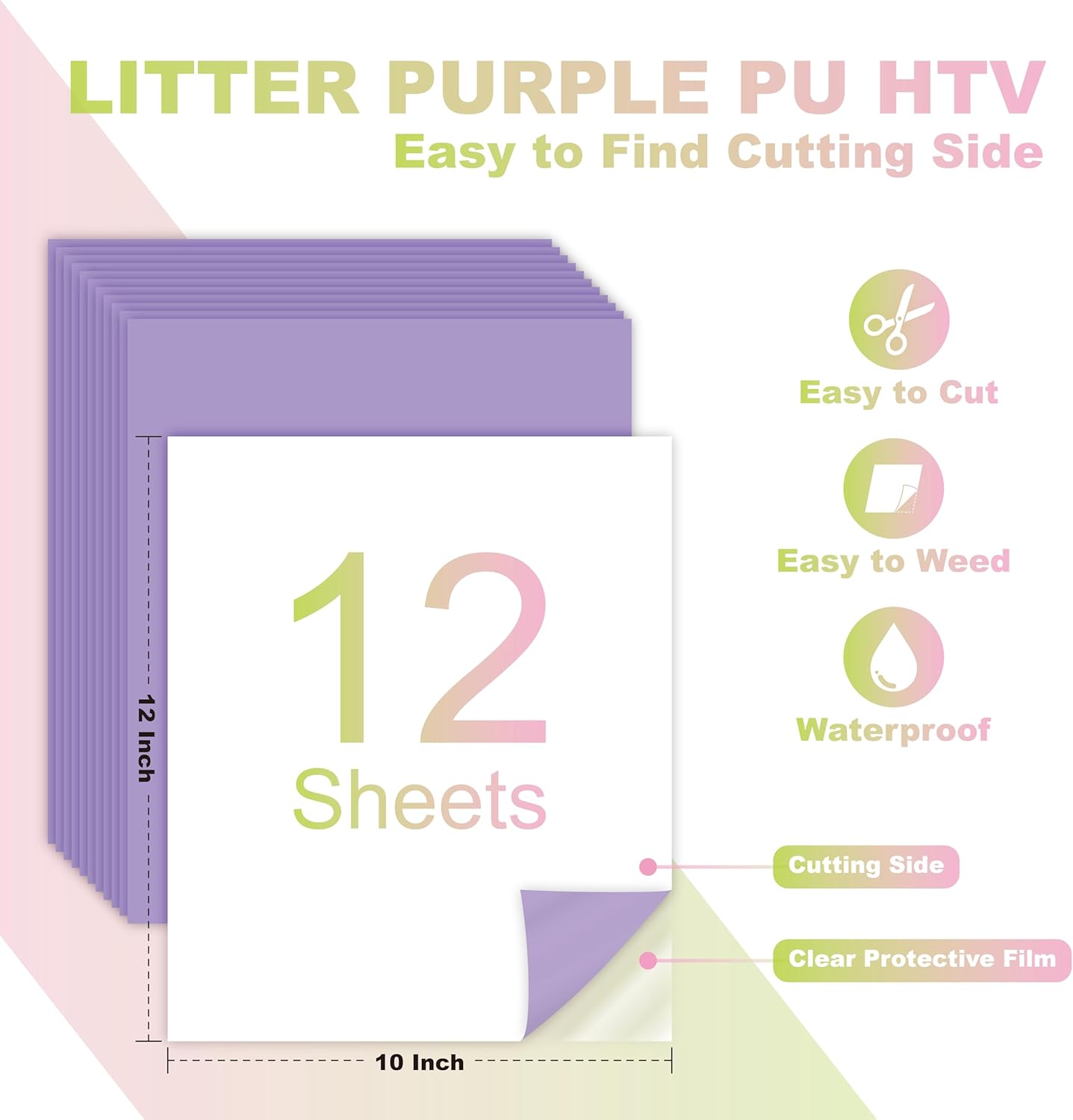 Light Purple PU Heat Transfer Vinyl, 12 Pcs 12"x10" HTV Sheets – Soft & Stretchable Iron-On Vinyl, Easy to Cut & Weed, Compatible with Cricut & Silhouette – Great for DIY Family Shirts & Crafts