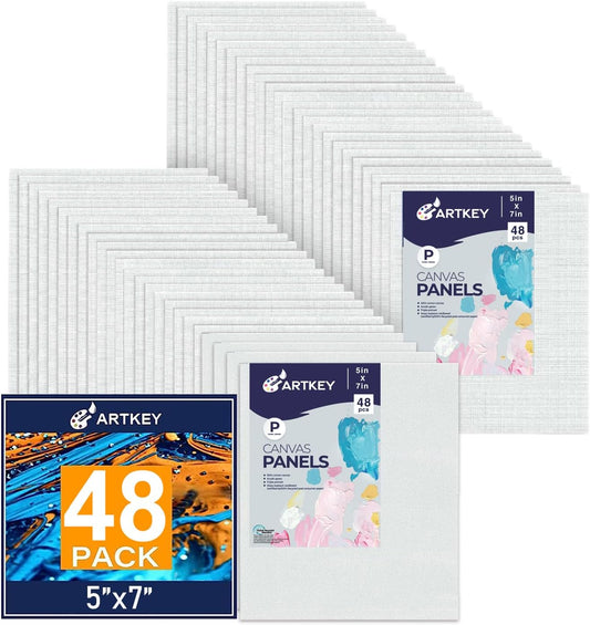 Canvas Panels 5x7 Inch 48-Pack, 10 oz Primed 100% Cotton White Blank Small Canvases for Painting, Flat Canvas Board for Oil Acrylics Watercolor & Tempera Paints
