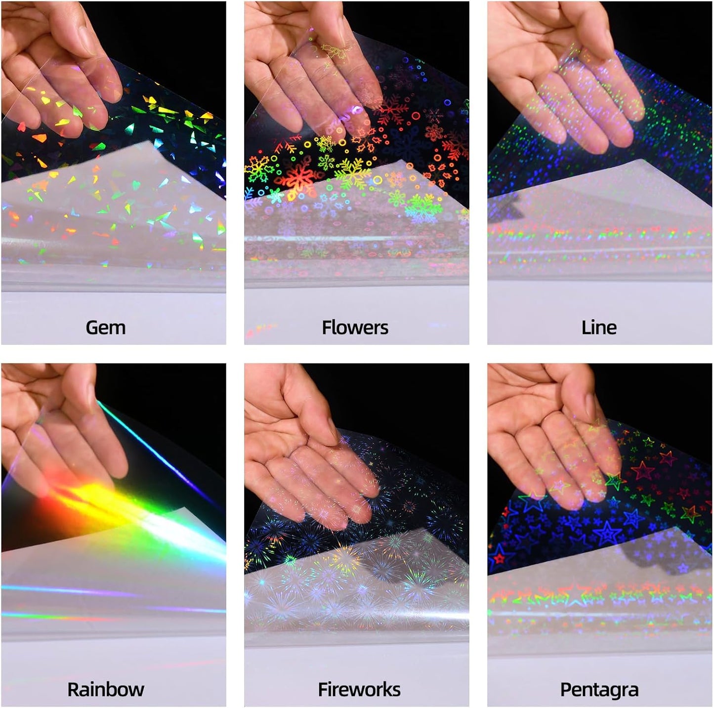 36 Sheets Holographic Sticker Paper, Clear Vinyl Laminate Film for Stickers Waterproof, Transparent Overlay Lamination Sticker Paper Self-Adhesive, 6 Patterns-8.5x11 Inch