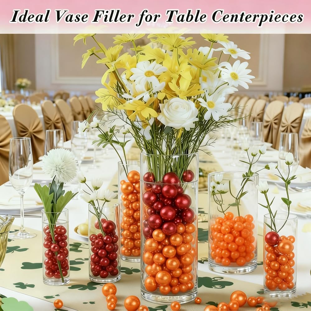 Pearl Beads No Hole Pearls for Crafting 180 Pcs Fake Pearls Faux Pearls for DIY Crafts Jewelry Making Vase Filler Floating Candle Wedding Birthday Party Home Decorations (Red & Orange, 8/10/14/20mm)