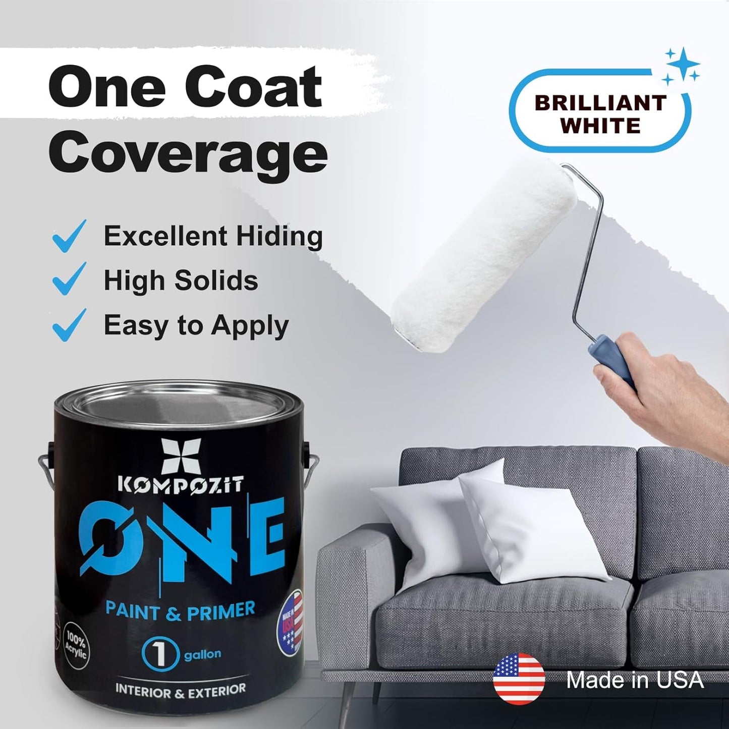 Kompozit ONE Ultra Cover Interior/Exterior White 100% Acrylic Paint & Primer for walls 1 Gallon, Flat. High Durability and Scratch-Resistant Paint. Made in USA. Low VOC.