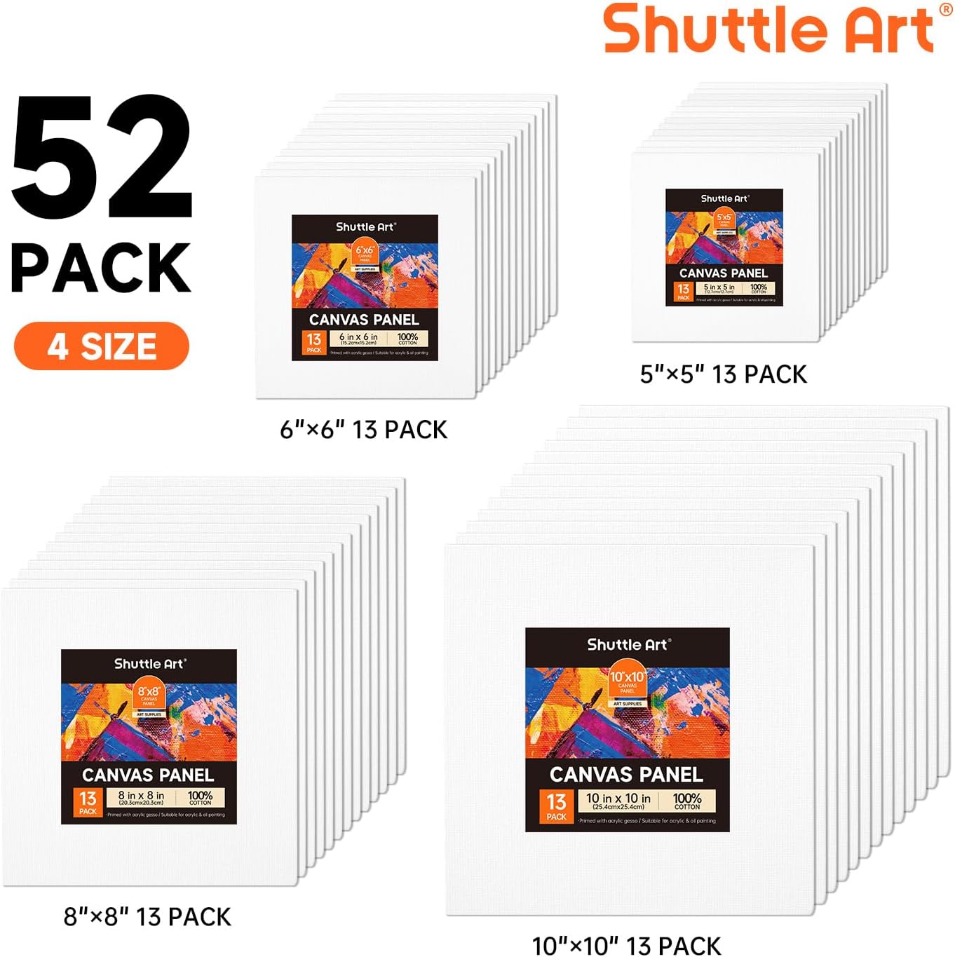 Shuttle Art Painting Canvas Panel, 52 Multi Pack, 5x5, 6x6, 8x8, 10x10 inch (13 PCS of Each), 100% Cotton Art Canvas Board Primed White, Blank Canvas for Kids Adults for Acrylic Oil Painting