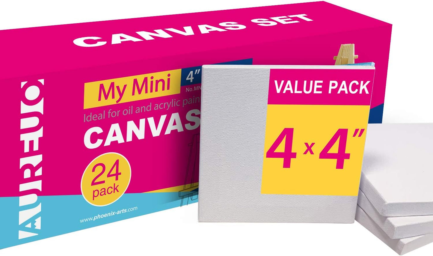 AUREUO Mini Stretched Canvas - 4x4 Inch/24 Pack - 2/5 Inch Profile Small Square Canvas - Gift Set Bulk Pack Canvases for Acrylic Painting & Craft