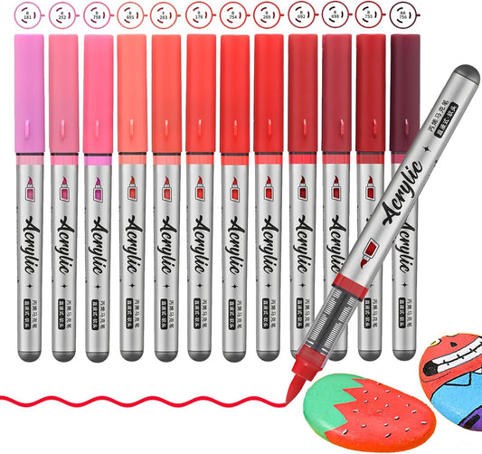 Red Acrylic Paint Pens,12 Color Paint Pens Markers,Brush Tip Paint Pens for Rock Painting Wood Glass Ceramic Canvas Stone DIY Crafts Making Art Supplies