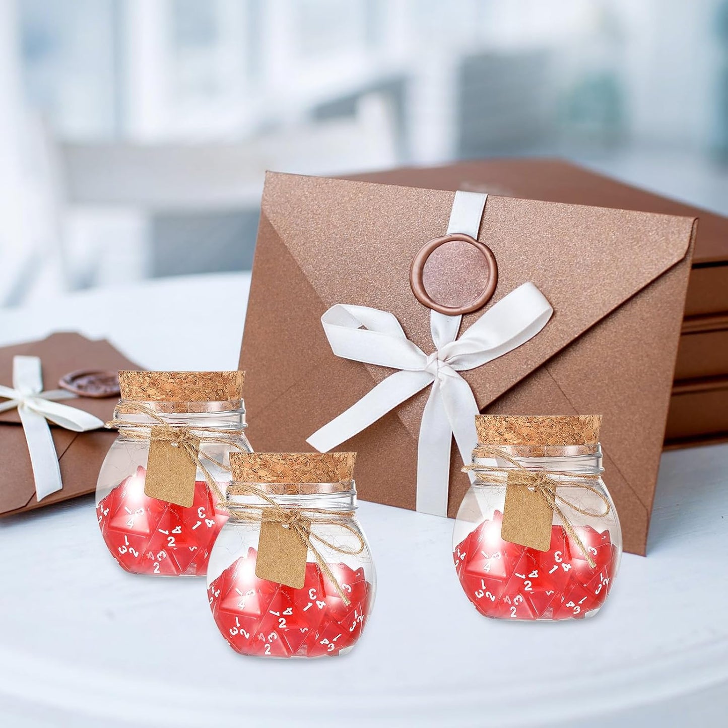 Wettarn 120 Pcs Transparent Red D4 Dice6 Pcs Pot Bottles Plastic Favor Jars with Cork Lids Healing Potion Bottles Polyhedral Dice Set for Party Favors Table Games(Ball Style)