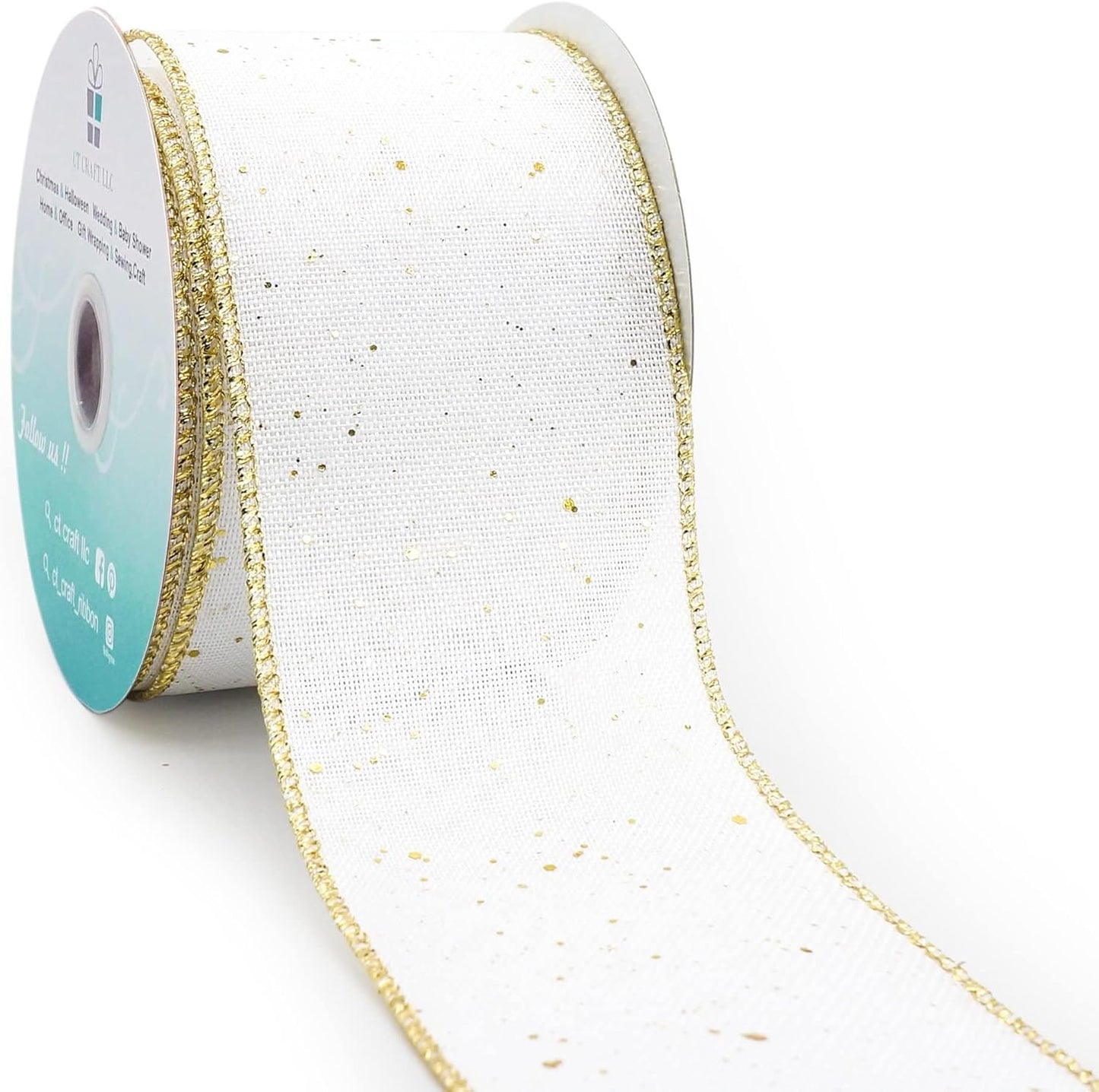 CT CRAFT LLC Whtie Burlap Fabric Confetti Glitter Wired Ribbon 2.5" x 10 Yards White Color for Christmas Home Wedding Decor Gift Wrapping Tree Topper Bow Wreath Bouquet DIY Crafts