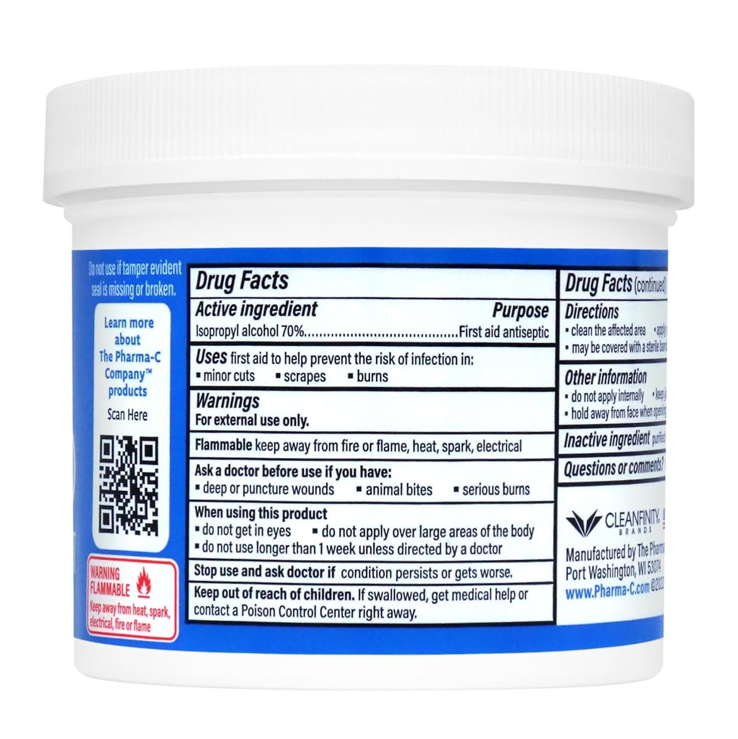 The Pharma-C Company - 70% Isopropyl Alcohol Pads [12-100ct jars]. First Aid - Bulk Antiseptic Wipes - Extra Large Pads - for minor cuts, scrapes and burns.