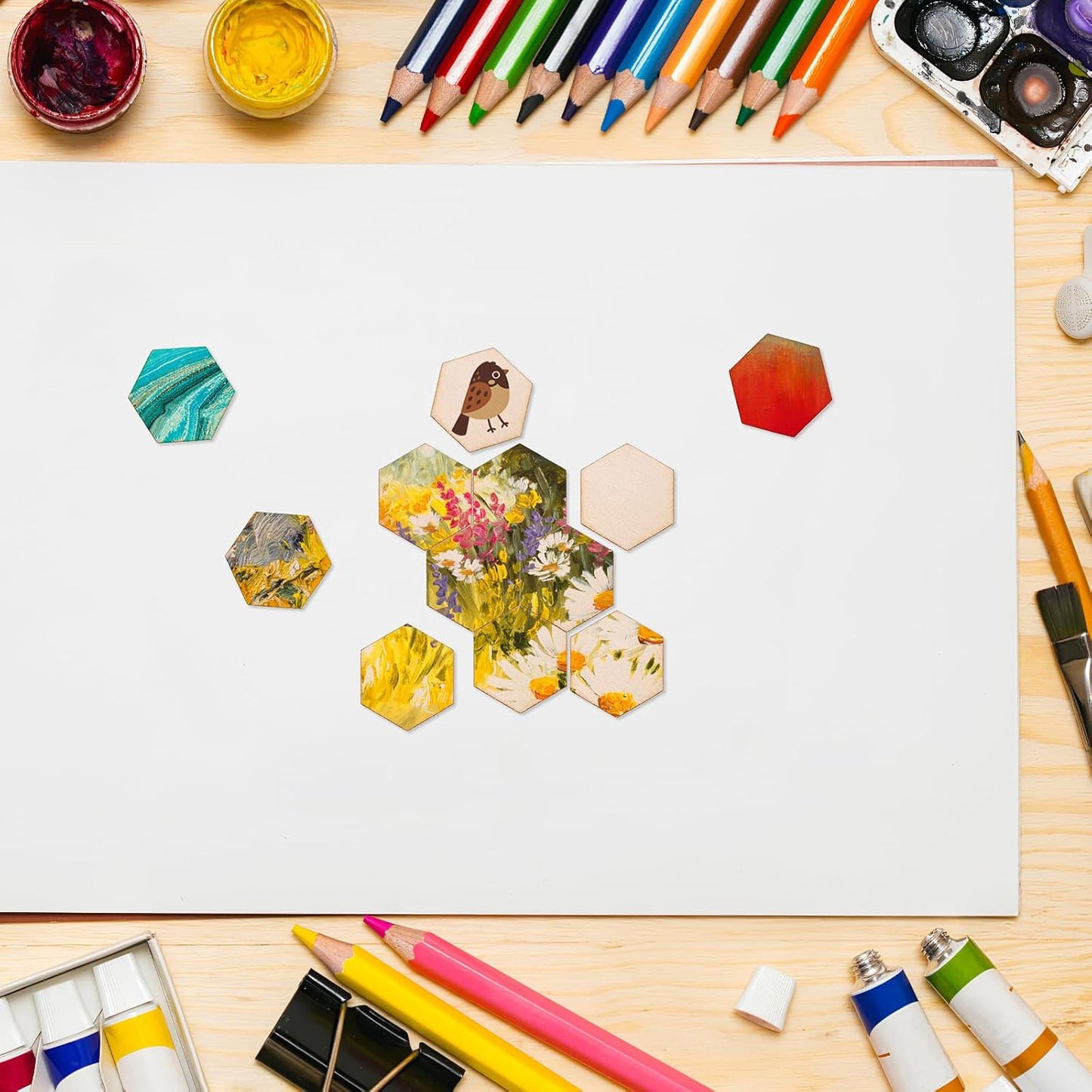 HEALLILY Wood Pieces, 200PCS Hexagon Wood Shape Beech Hexagonal Cutout Shapes Mosaic Tile Ornaments Embellishment DIY Crafts Decorations for Wedding Birthday Christmas (10mm)