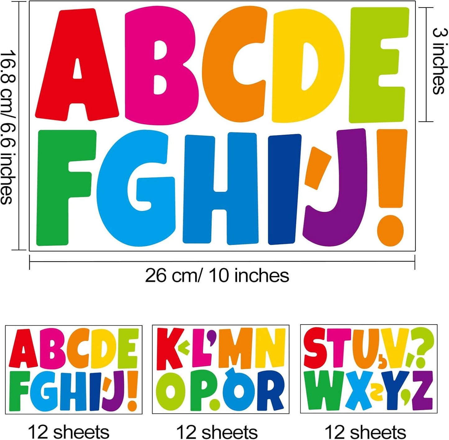 Bemeol Letter Stickers 432 Pieces 36 Sheets Bulletin Board Letters 3 Inch Classroom Alphabet Poster Board Letter for Bulletin Board Display School Decor(Colorful)