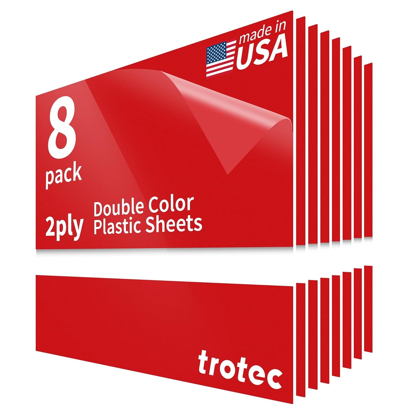Trotec TroLase | 12"x12"x1/16", 8 Pcs | Gloss Red/White | 2 Ply | Modified Acrylic | Laser Engraving Double Color Plastic Sheet | Engraving Blanks for Laser, Saw, Guillotine | Made in USA