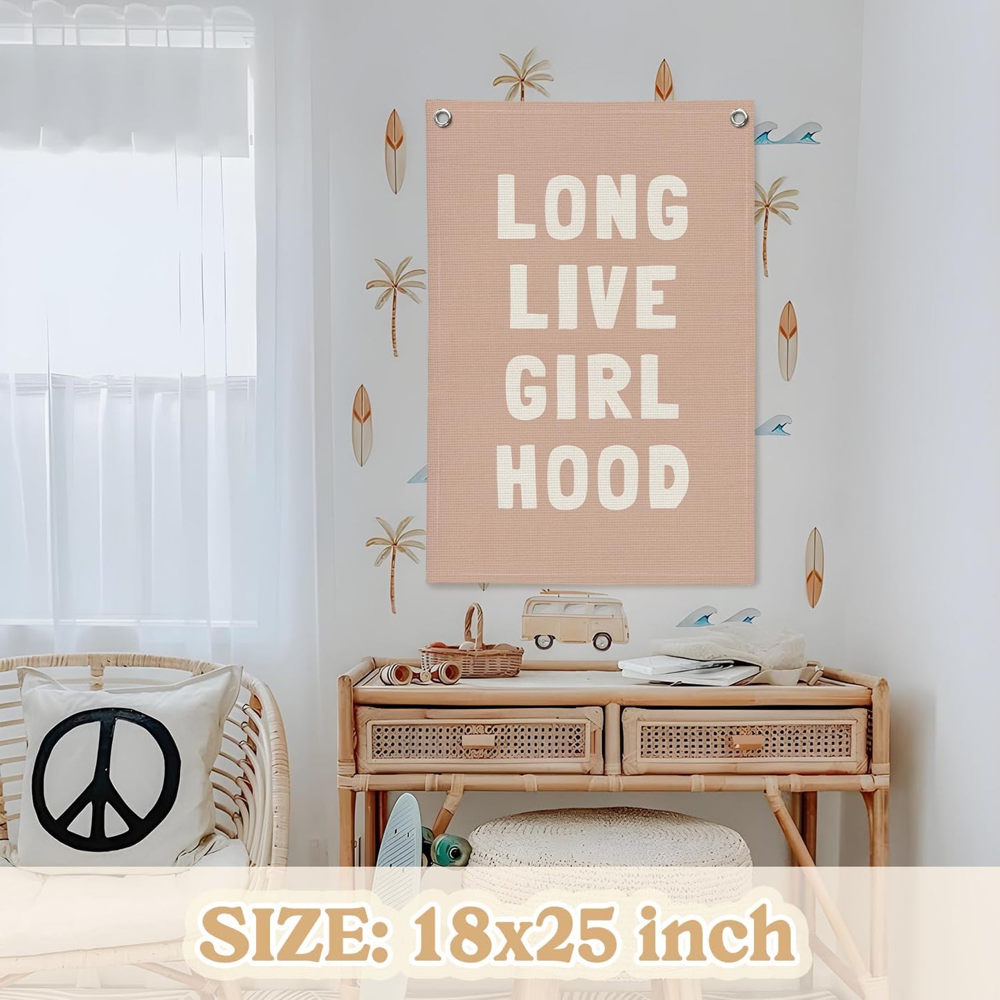 Long Live Girlhood Linen Canvas Banner, Girls Room Decor, Girls Nursery Decor, Nursery Playroom Wall Hanging Flag for Kids Bedroom Toddler Decorations Girl Room 18x25 Inch