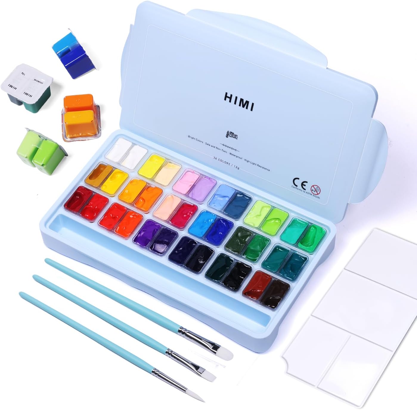 HIMI Gouache Paint Set, 36 Colors x 12ml Twin Jelly Cup Design with 3 Paint Brushes and a Palette in a Carrying Case Perfect for Artists, Students, Gouache Opaque Painting
