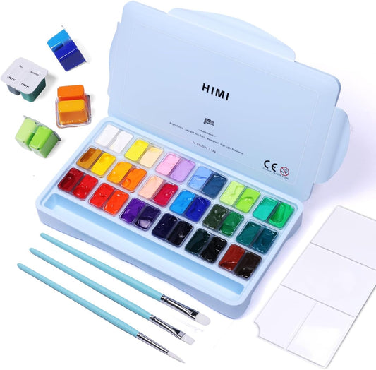 HIMI Gouache Paint Set, 36 Colors x 12ml Twin Jelly Cup Design with 3 Paint Brushes and a Palette in a Carrying Case Perfect for Artists, Students, Gouache Opaque Painting