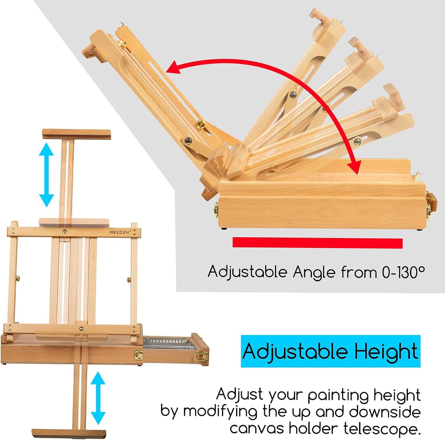 MEEDEN Studio Sketchbox Table Easel with Metal Lined Drawer - Adjustable Solid Beech Wood Tabletop Easel & Sketchbox Artist Easel with Storage, for Studio or Plein Air - Holds canvases up to 34" high