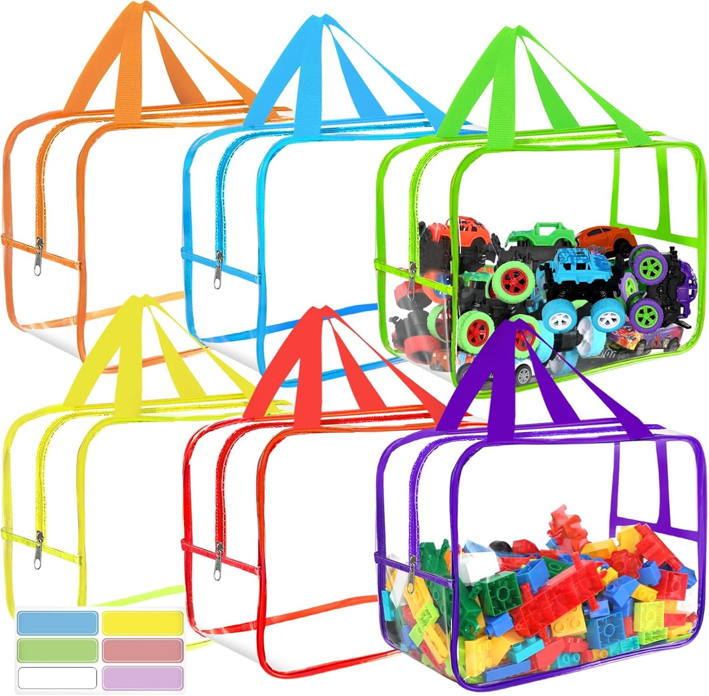 6 Colors Widen X-Large Storage Bags 12.6×9.25×6.9In with Labels, Reusable Clear PVC Board Game Storage, Travel Waterproof Organizer Bags with Zipper for Building Blocks, Puzzle, Stuffed Animals
