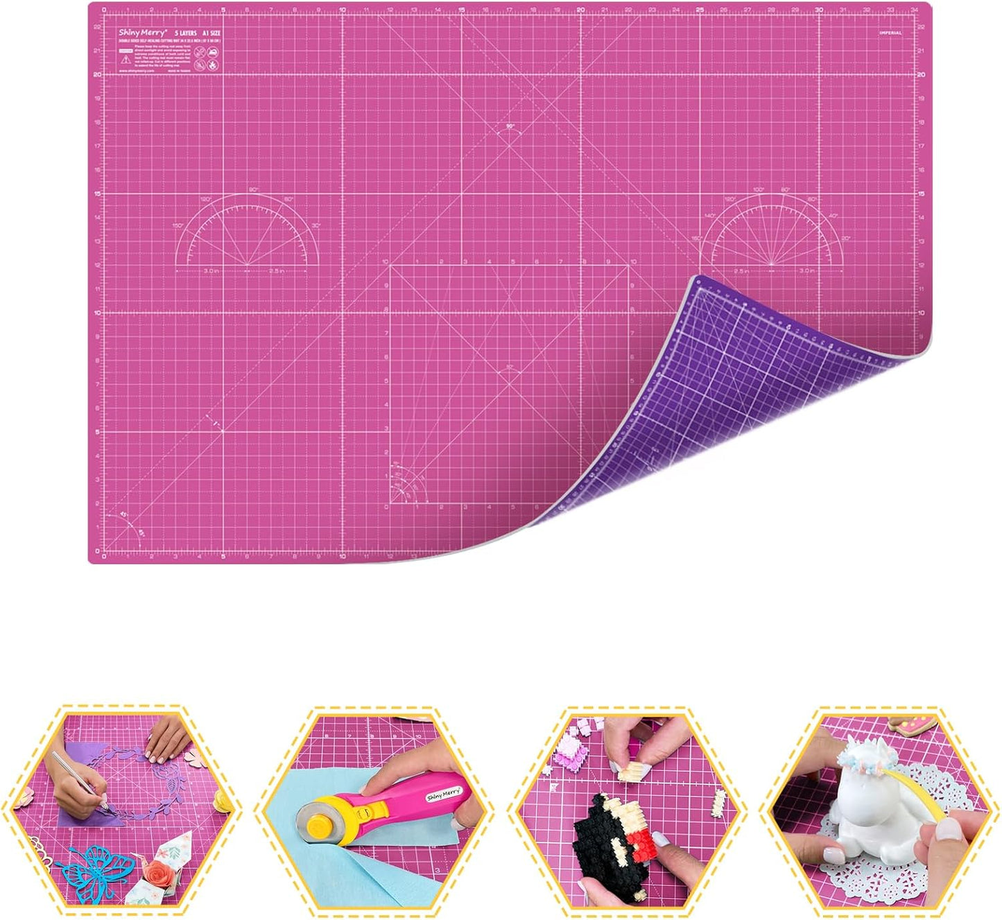 Self Healing Cutting Mat A1 24"x36" – Double Sided 5-Ply Craft Mat for Sewing, Quilting, Fabric, Scrapbooking – Pink/Purple