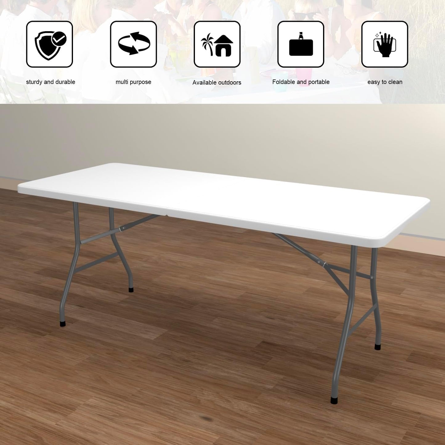 2 PCS 70.8" W X 29" D X 29" H - 6 ft White Folding Table White Portable Heavy Duty Plastic Fold-in-Half Utility Foldable Table for Camp，Picnic & Party