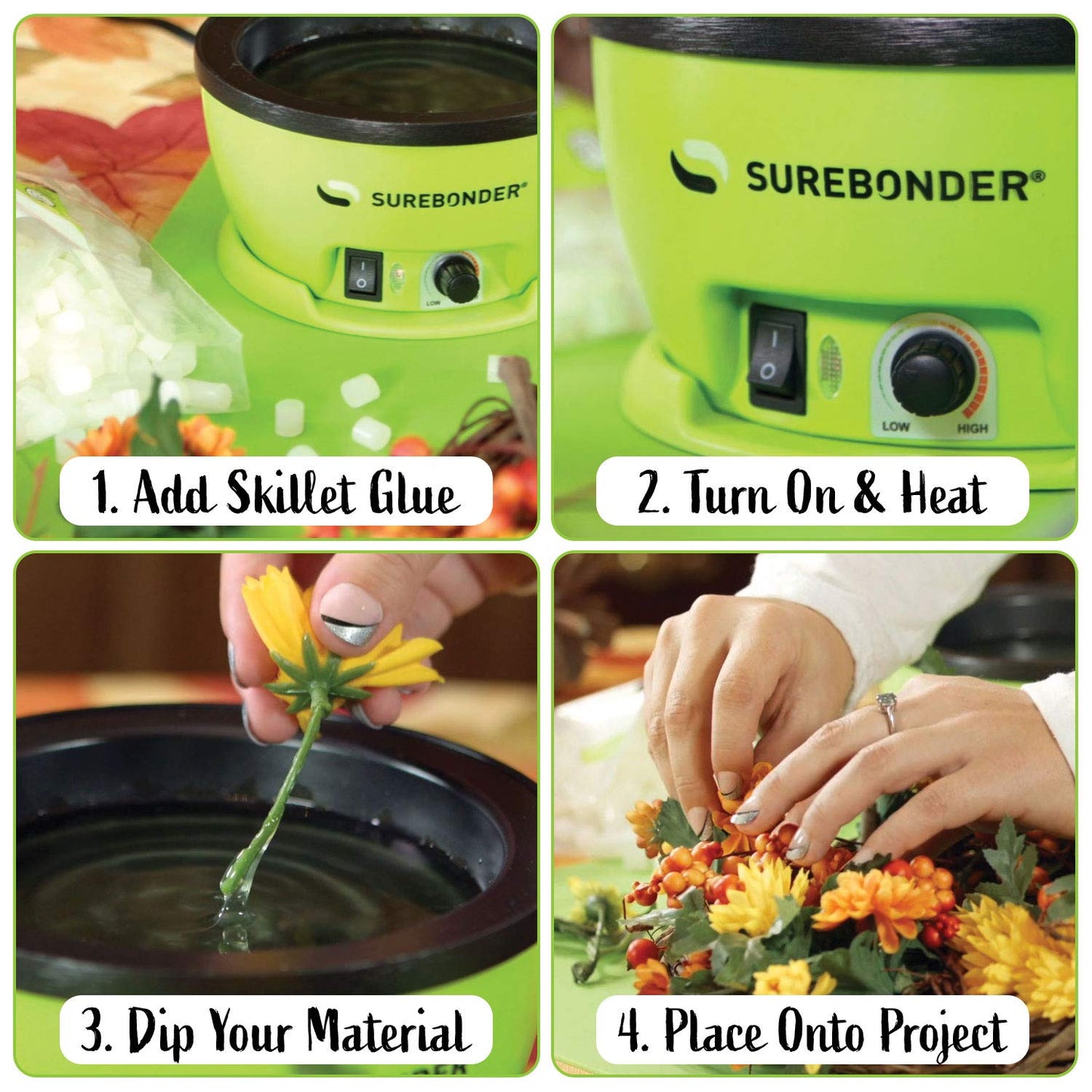 Surebonder 803 Electric Hot Glue Skillet, Adjustable Temperature 225-400°F, 5.25-Inch Diameter, 1-Inch Depth, Dip Crafts Directly Into Pot of Hot Glue, Green and Black