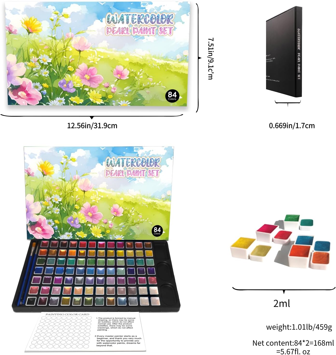 2ml Large Capacity Metallic Watercolor Paint Set, 36/60/84 Color Metallic/Pearlescent/Glitter/Color Shifting/Shimmer Water Color Paint for Adult Kids with 2 Paintbrushes