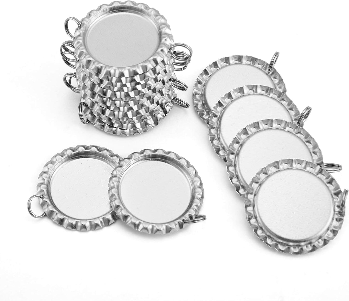 Silver Color Flat Bottle Caps with Holes and Rings – 1 Inch Aluminum Bottle Cap Pendants for DIY Jewelry, Crafts, Keychains – 50 PCS