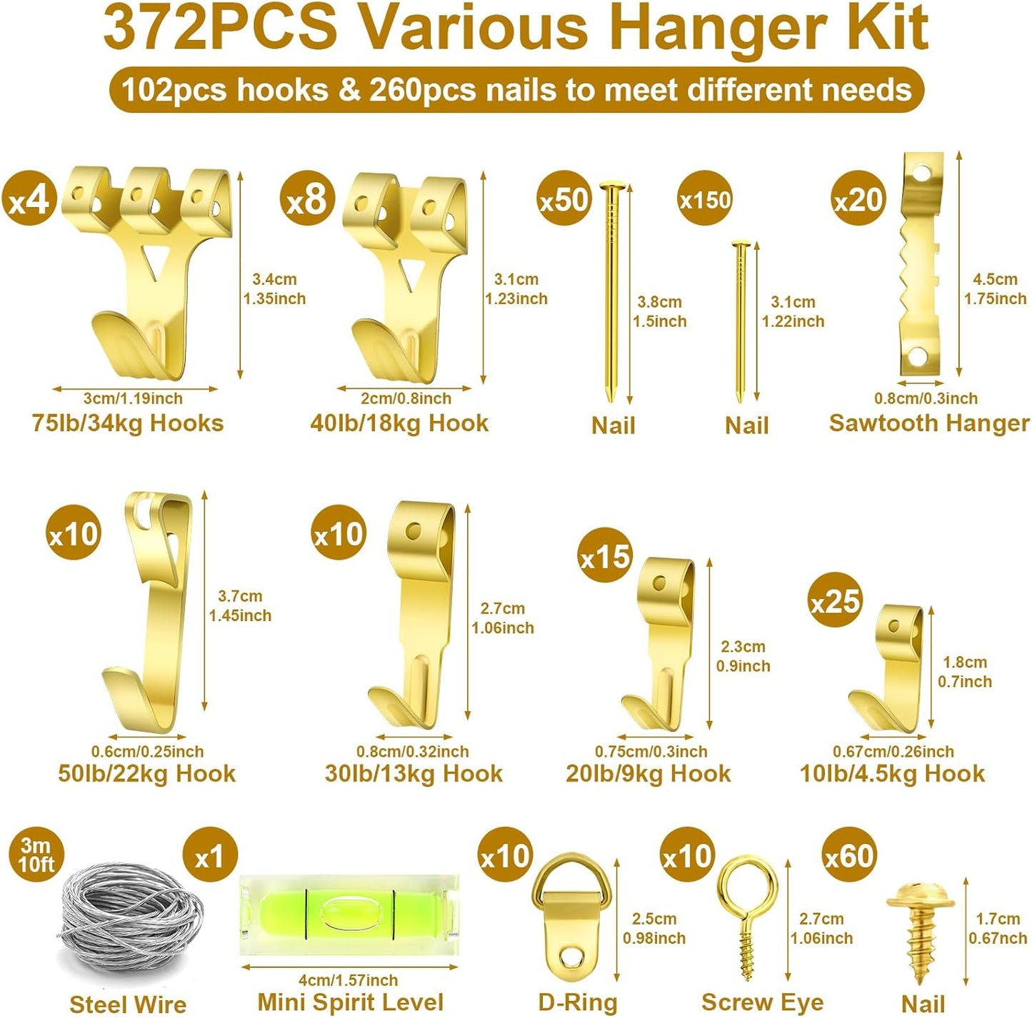 372 PCS Picture Hanging Kit, Christmas Decorations Indoor Outside Picture Hangers, Heavy Duty Picture Frame Mirror Wall Hanging Hardware Hooks Kit with Nails Sawtooth for Hanging Picture