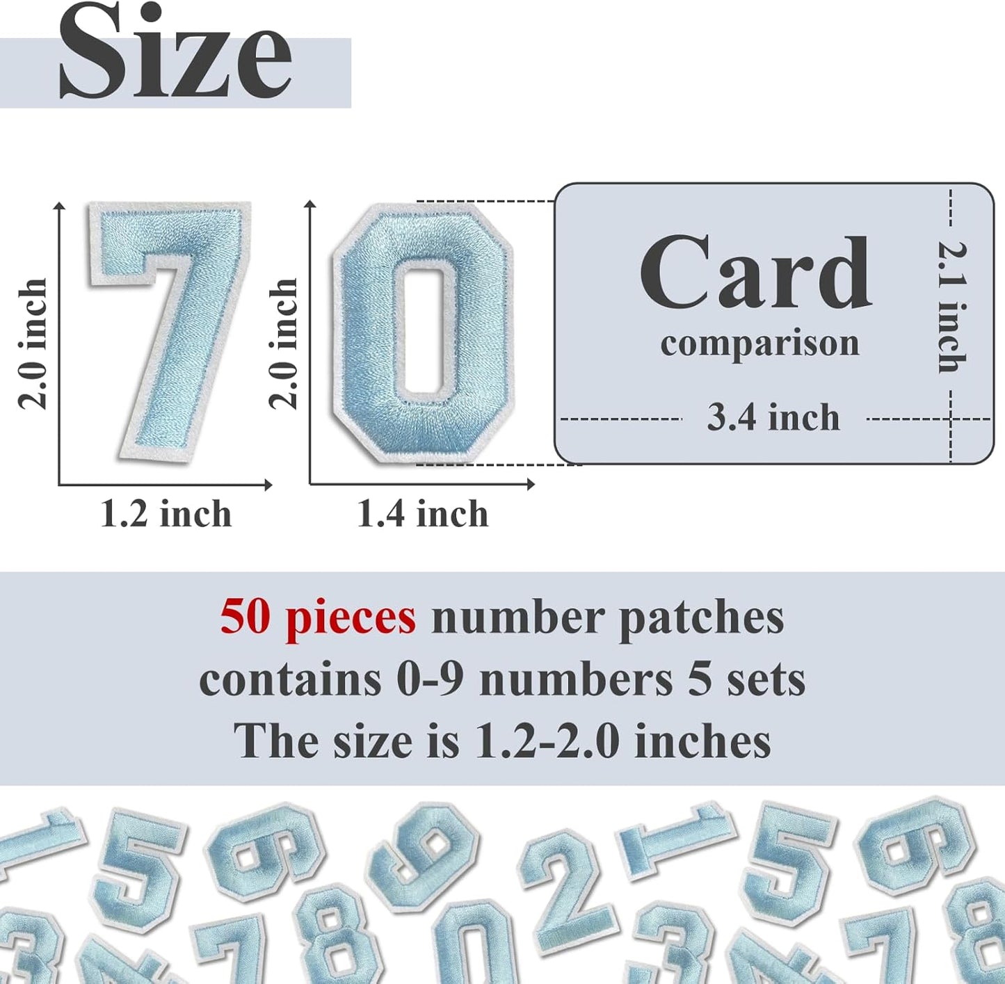 Number Iron On Patches, Numbers 0-9 Embroidery Applique Patch, DIY Decorative Heat Press Patches for Clothing Jeans Jackets Backpacks Hats (Light Blue 50 Pcs)