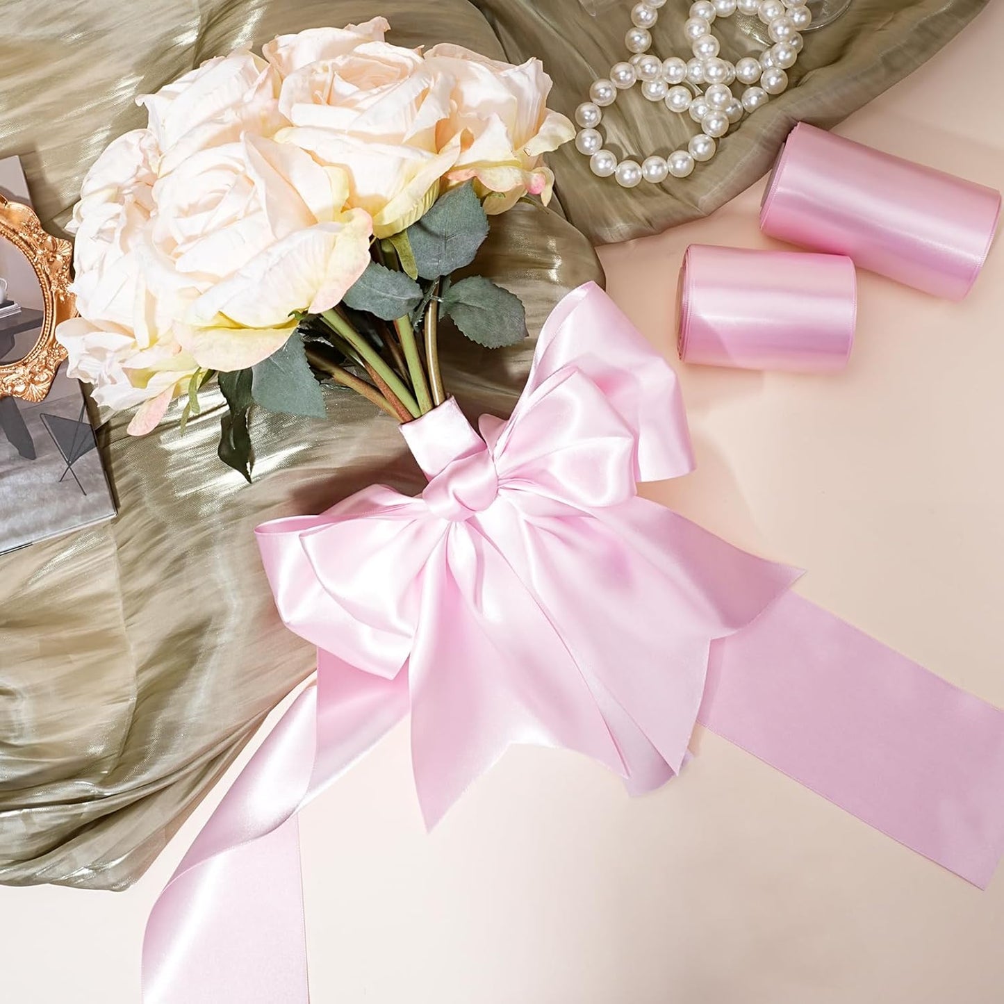 LaRibbons Light Pink Satin Ribbon 3 Inch 10 Yards Double Faced Luxury Light Pink Silk Ribbon for Gift Wrapping Flower Bouquets Bow Christmas Wedding Party Decoration