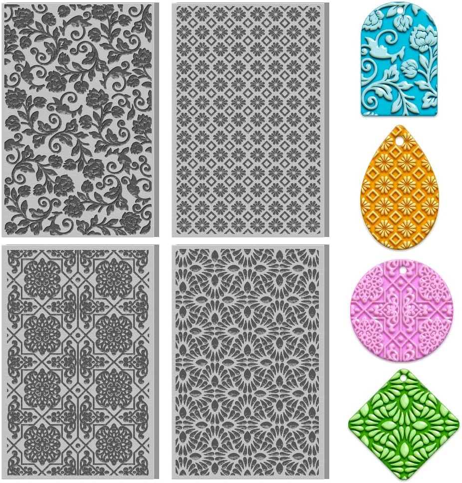 4PCS Polymer Clay Texture Sheets Set for Using with Clay Cutters, Vintage Clay Texture Mats, Pottery Jewelry Making Kit DIY Creative Crafts Tools