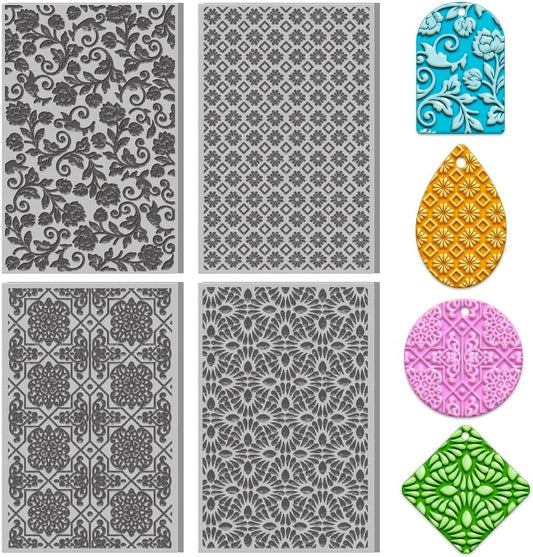 4PCS Polymer Clay Texture Sheets Set for Using with Clay Cutters, Vintage Clay Texture Mats, Pottery Jewelry Making Kit DIY Creative Crafts Tools