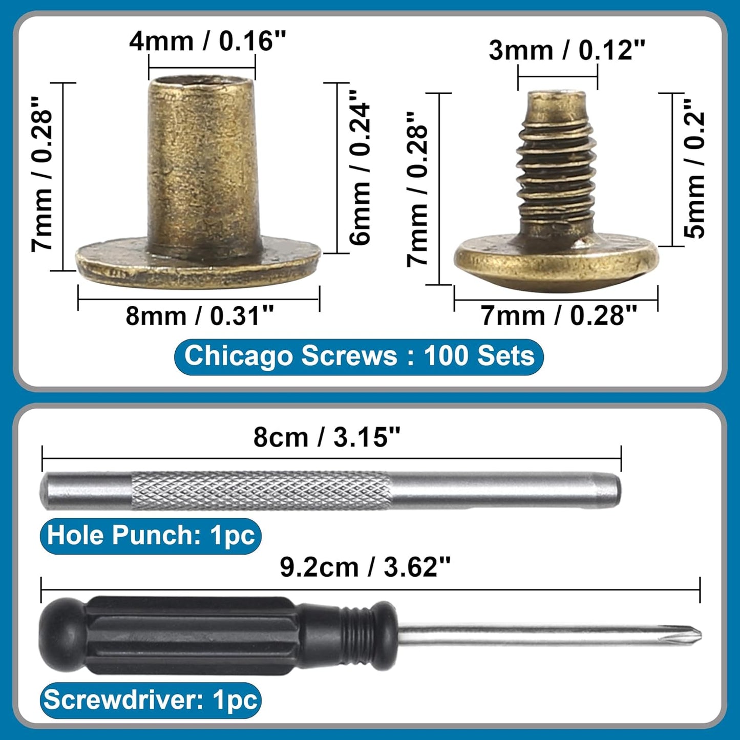 YORANYO 150 Sets 8MM Chicago Screws Leather Rivets for Fabric Chicago Binding Screws Buttons Metal Studs Rivets for Decorate and Repair Belts Bags Shoes Purse Dog Collar Leather Craft (Bronze)