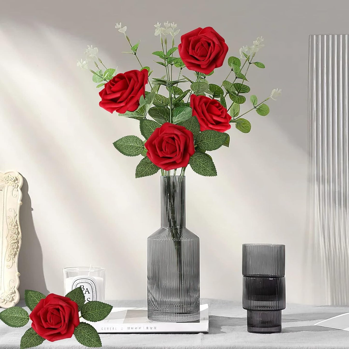 AmyHomie Artificial Flowers Dark Red Rose 100pcs Real Looking Fake Roses w/Stem for DIY Wedding Bouquets Centerpieces Arrangements Party Baby Shower Home Decorations