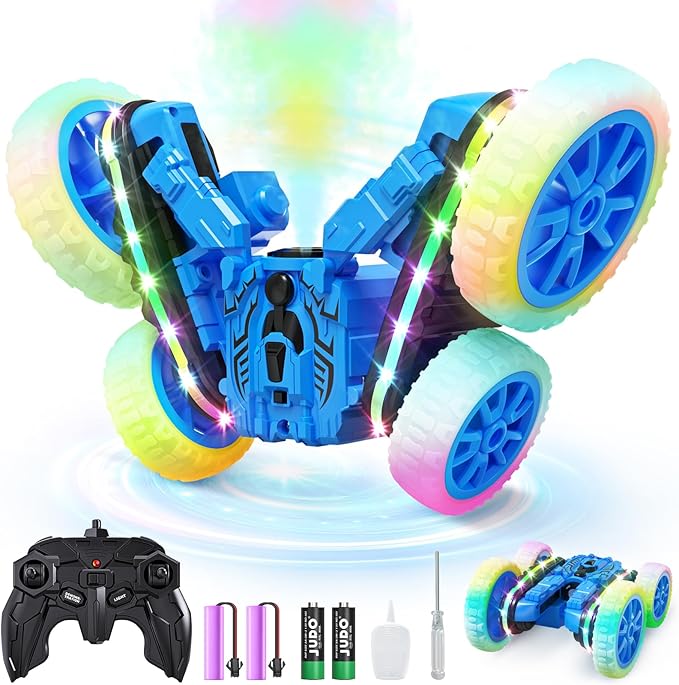 RC Cars Toys, 2-in-1 Remote Control Car Transform 4WD with Spray & LED Lights, 2.4GHz Off-Road Stunt Truck for 360° Flips Gift for Boys Age 8-12 (Blue)